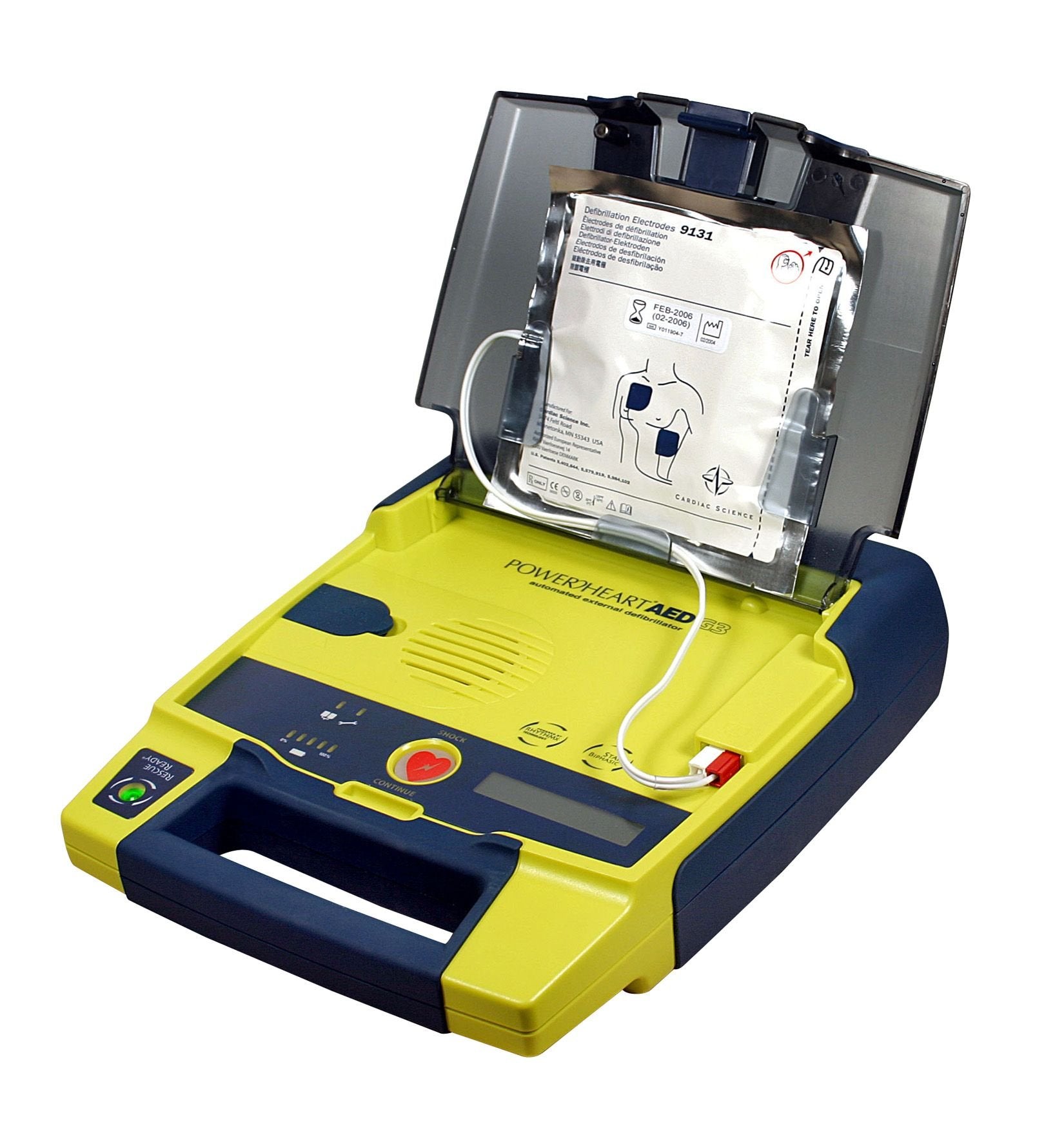 Overzicht van de Cardiac Science G3 AED met knoppen en plaatjes