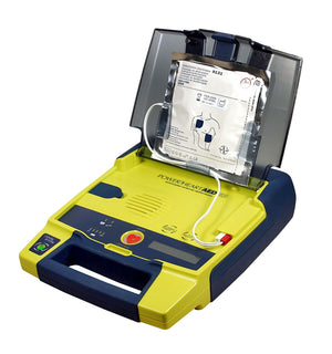 Overzicht van de Cardiac Science G3 AED met knoppen en plaatjes